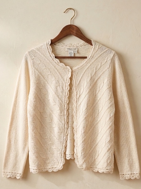 Coldwater Creek Sweaters - Coldwater Creek Beaded Crochet Trim Cardigan Pearl Button Cable Knit Ivory L